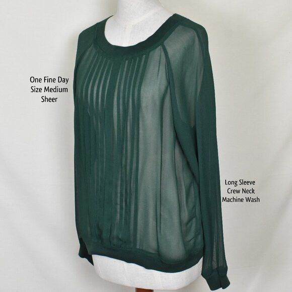 One Fine Day Top Blouse M SHEER Green Long Sleeve Crew Neck Machine Wash - Picture 1 of 5
